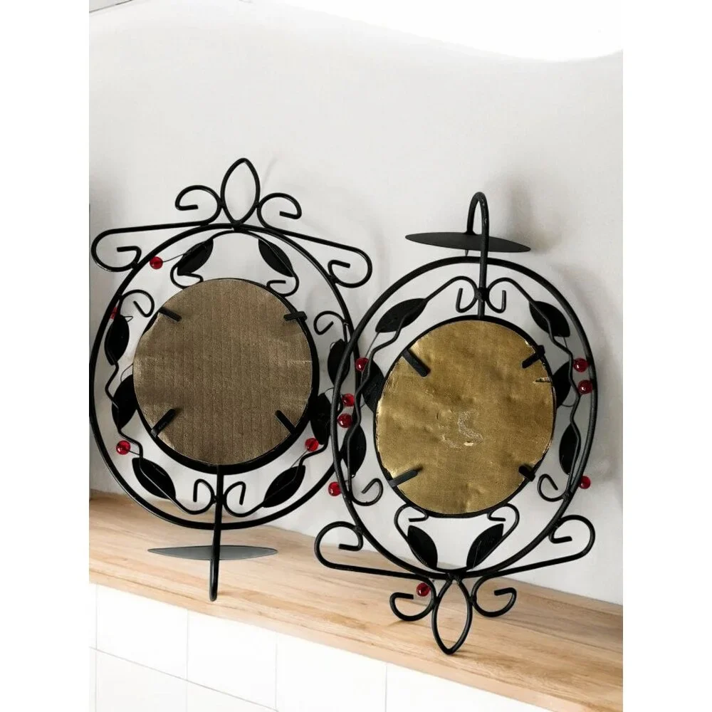 Ornate Black Wrought Iron Wall Sconces With Mirror & Candle Holder Set Of 2